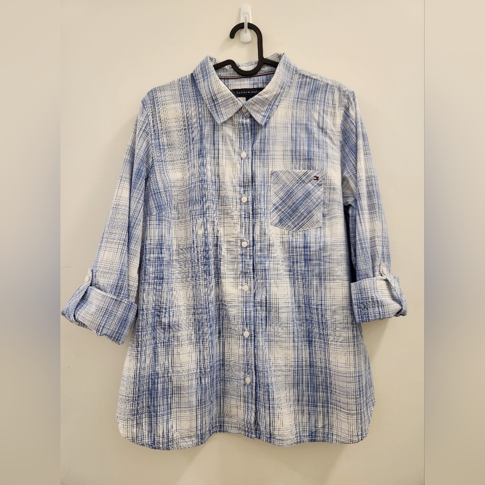 EUC Tommy Hilfiger light blue and white plaid blouse